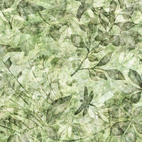 Carmon's Quilt Shop green botanical 108-inch wide cotton backing fabric with leaf and dragonfly motifs