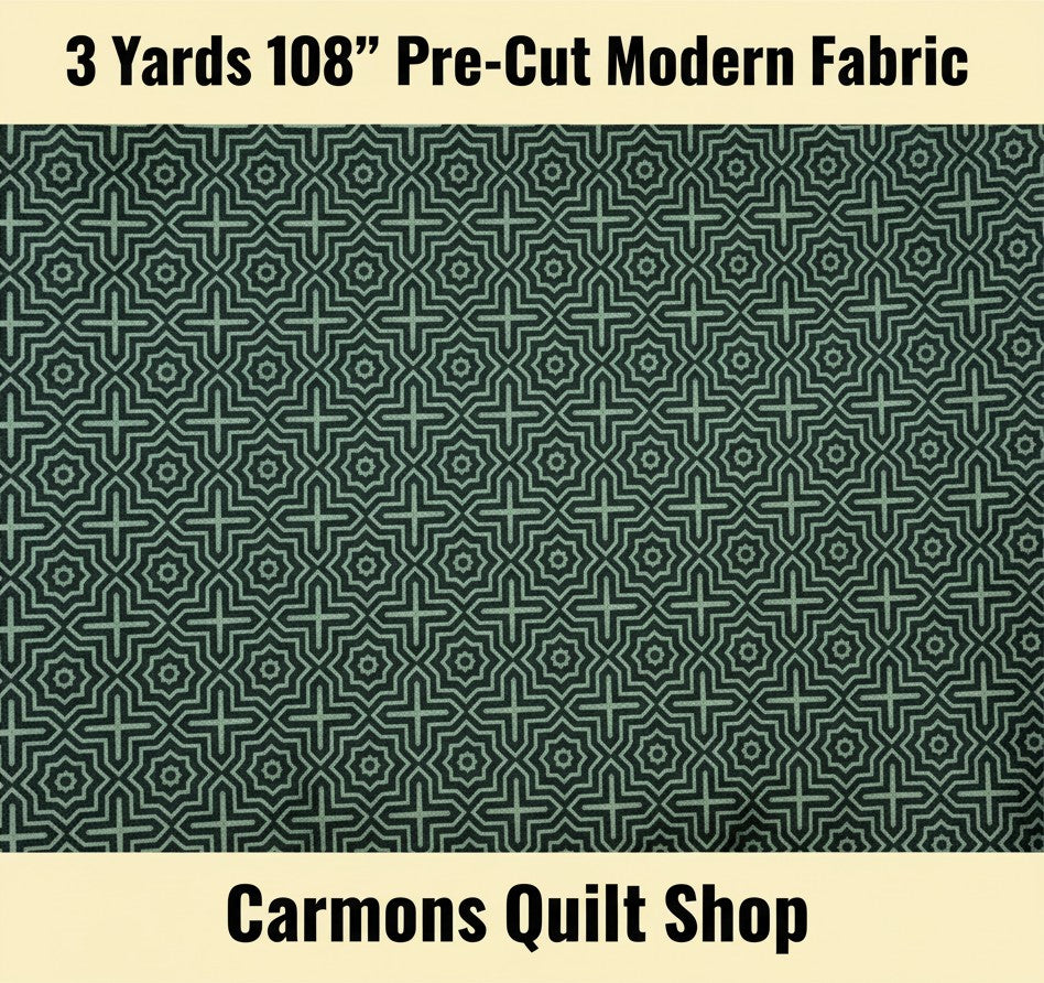 Carmon's Quilt Shop green 100% cotton modern wide backing fabric with geometric star and cross pattern