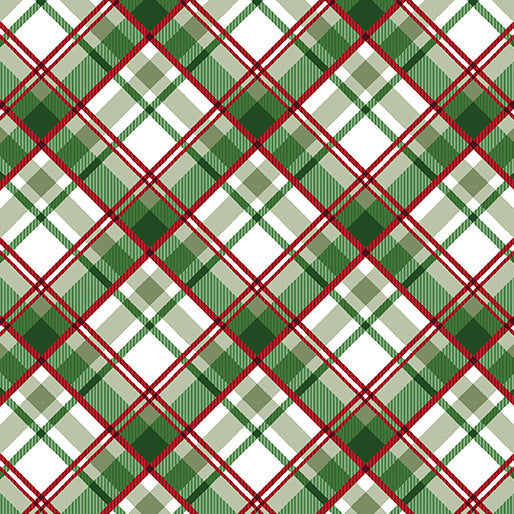 Carmon's Quilt Shop Heartland Holiday green plaid cotton fabric with red and white diagonal lines for Christmas quilts