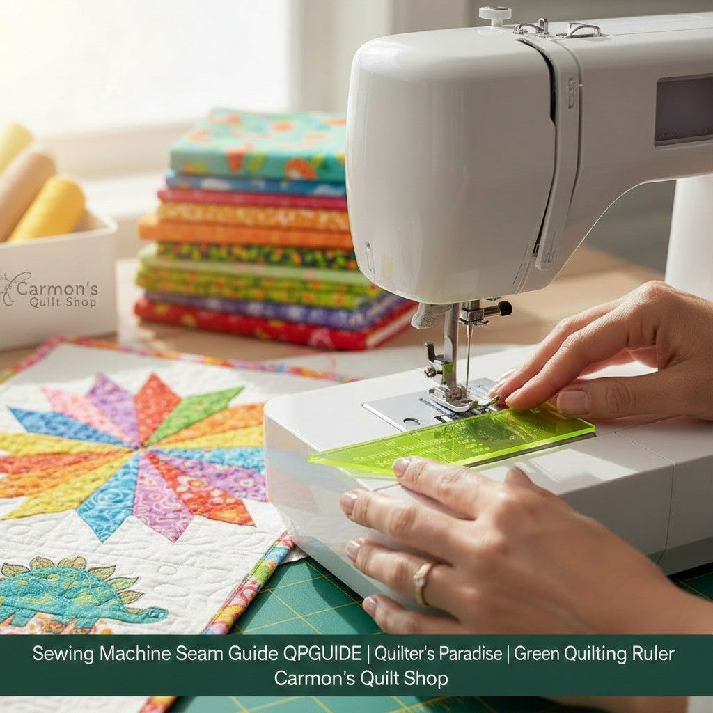 Carmon's Quilt Shop Quilter's Paradise green plastic seam guide ruler being used on a white sewing machine