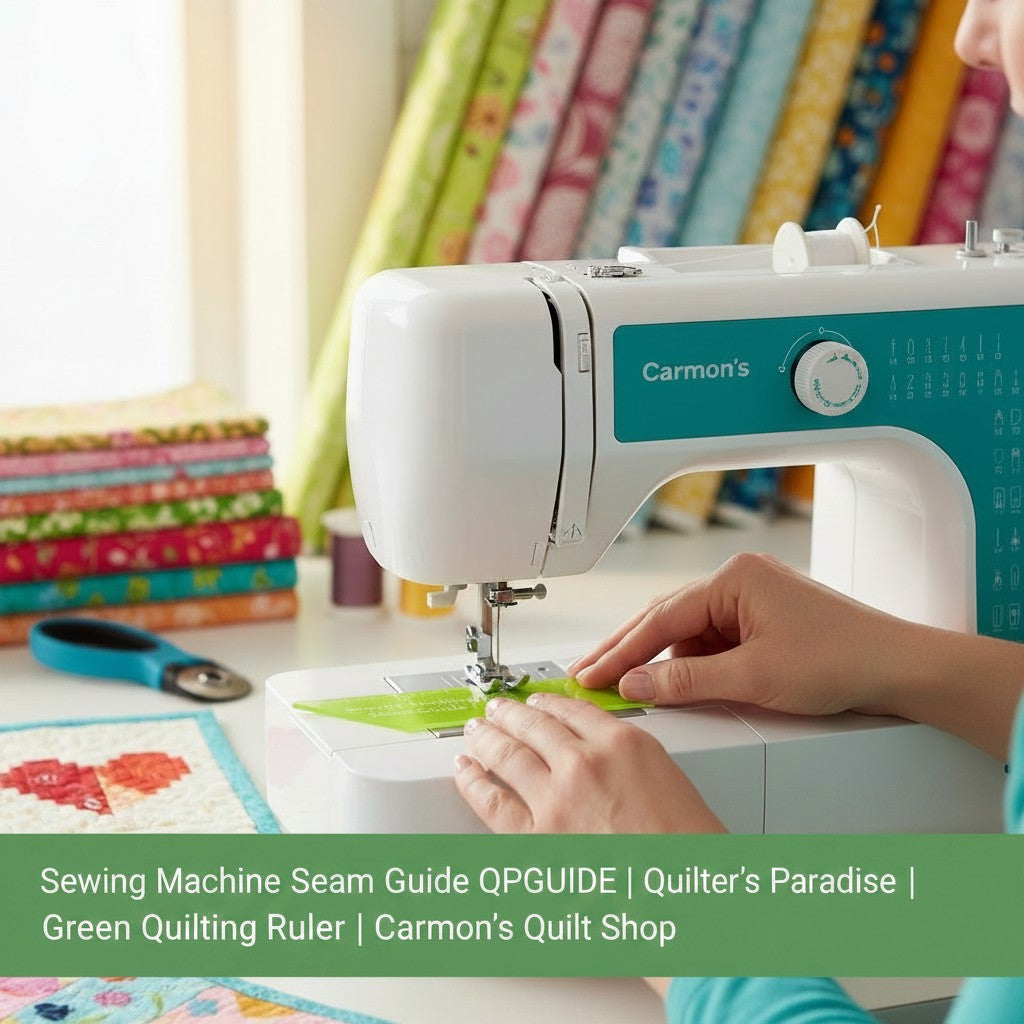 Carmon's Quilt Shop Quilter's Paradise green plastic seam guide ruler being used on a sewing machine for quilting