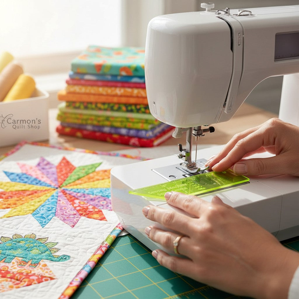 Carmon's Quilt Shop Quilter's Paradise green plastic seam guide ruler being used on a white sewing machine