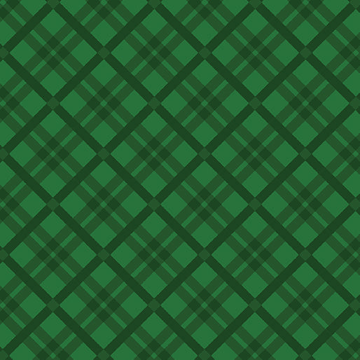 Carmon's Quilt Shop Tartan Season Green quilting cotton fabric featuring a classic dark and light green plaid pattern.