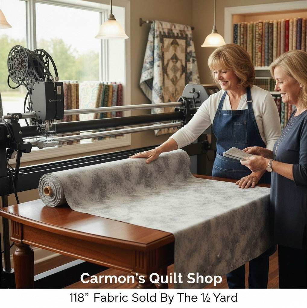 Carmon's Quilt Shop QT Fabrics Panorama Rapture grey mottled cotton blender fabric on a longarm quilting machine