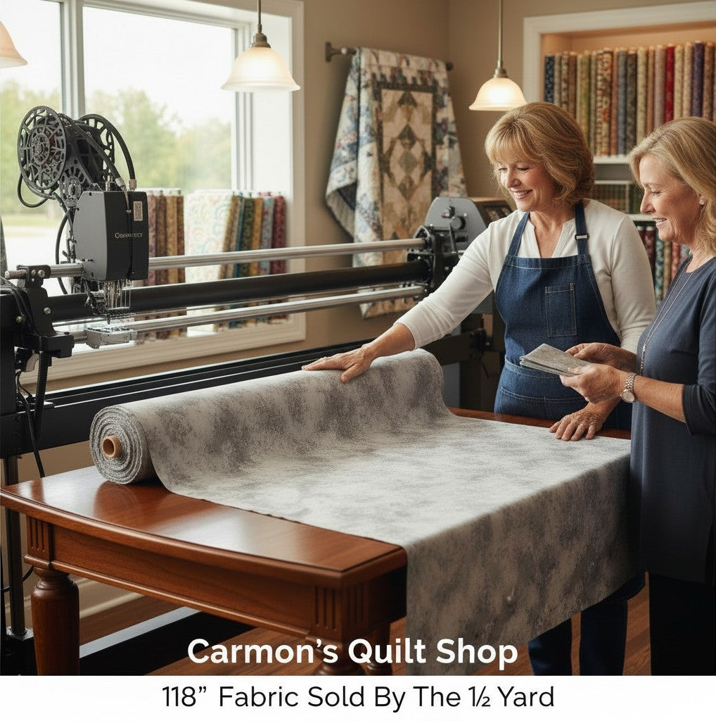 Carmon's Quilt Shop QT Fabrics Panorama Rapture grey mottled cotton blender fabric on a longarm quilting machine