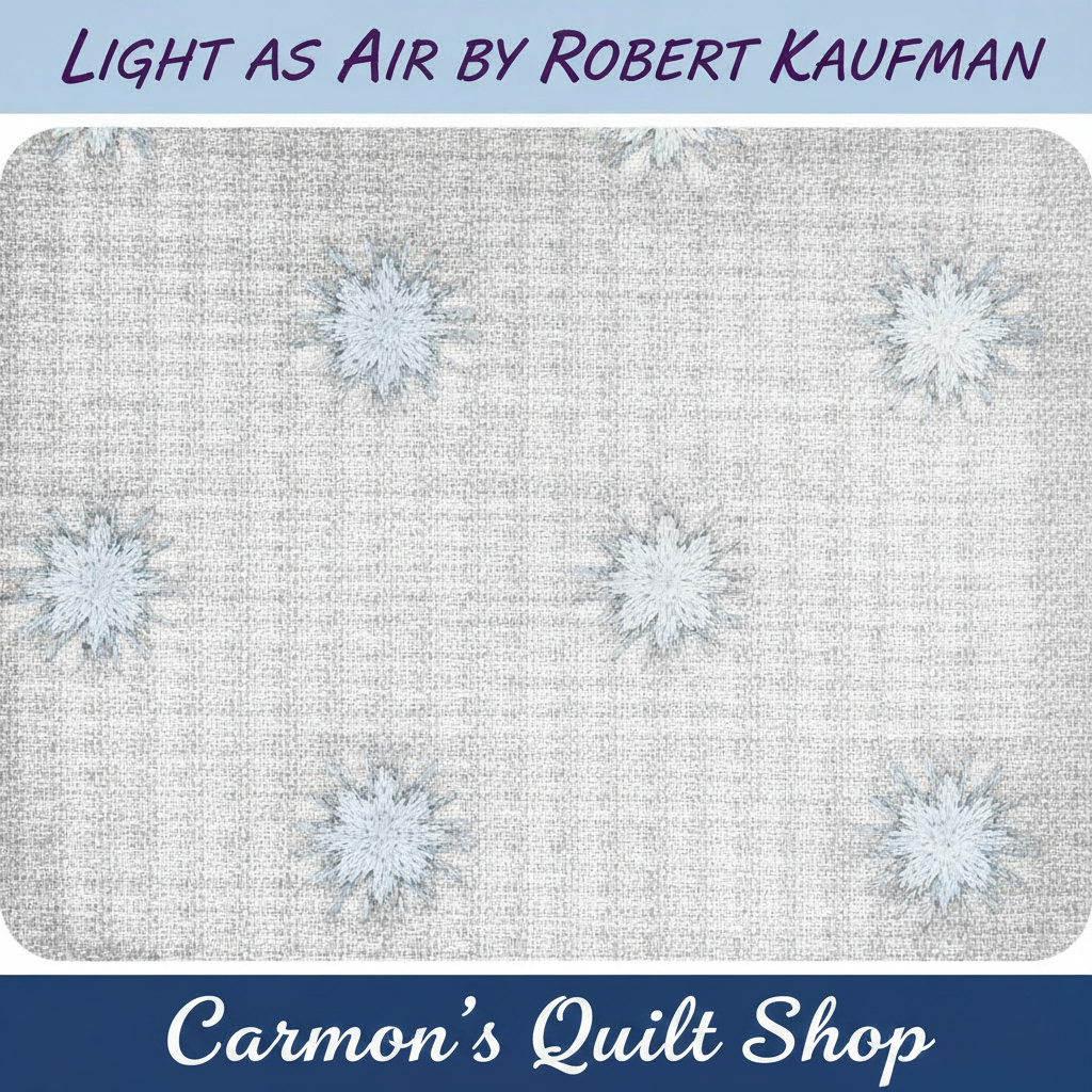 Carmon's Quilt Shop Robert Kaufman Light As Air grey 100% cotton quilting fabric with airy starburst pattern