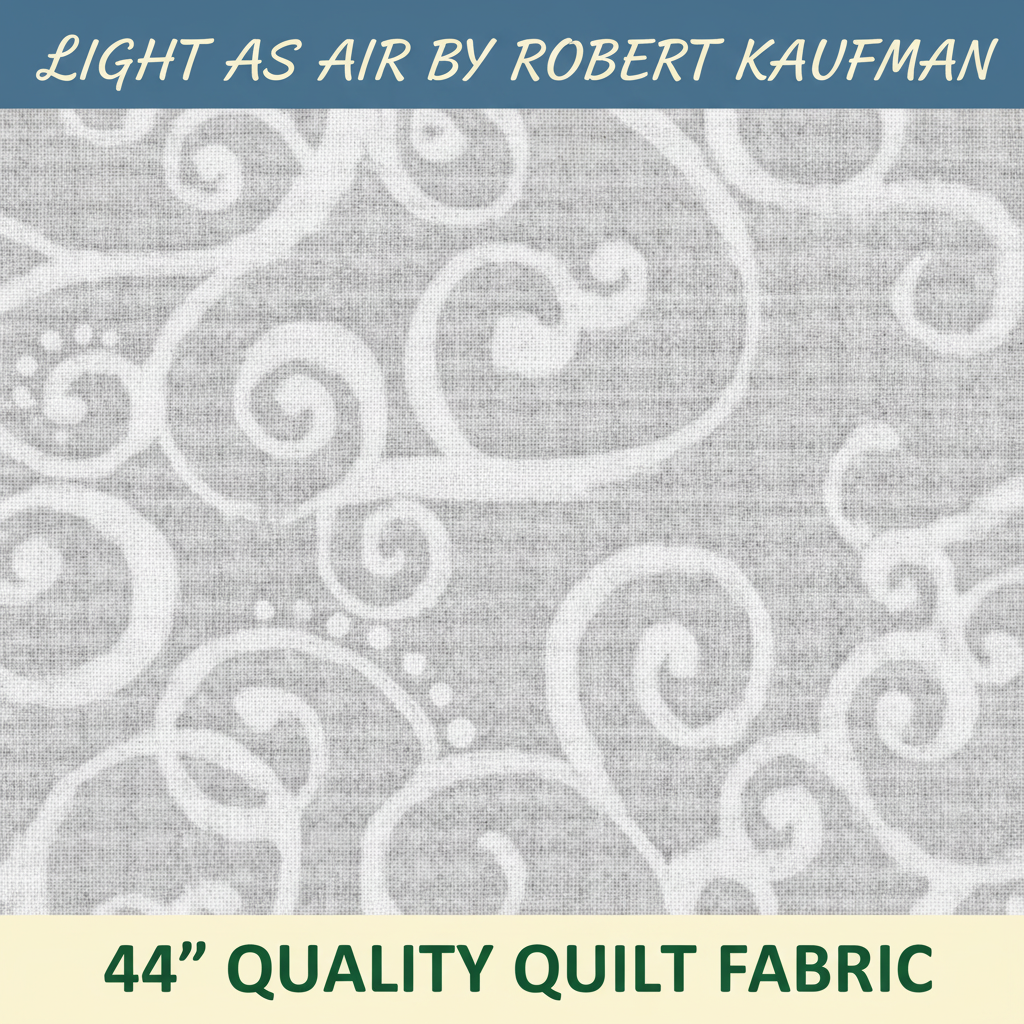 Carmon's Quilt Shop Robert Kaufman Light As Air grey 100% cotton quilting fabric with elegant swirling patterns