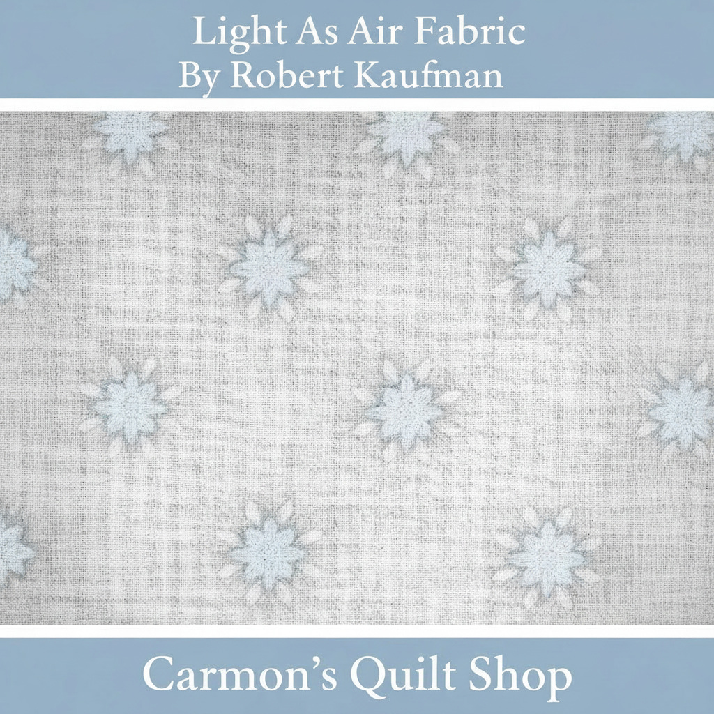 Carmon's Quilt Shop Light As Air grey 100% cotton quilting fabric with a delicate floral pattern