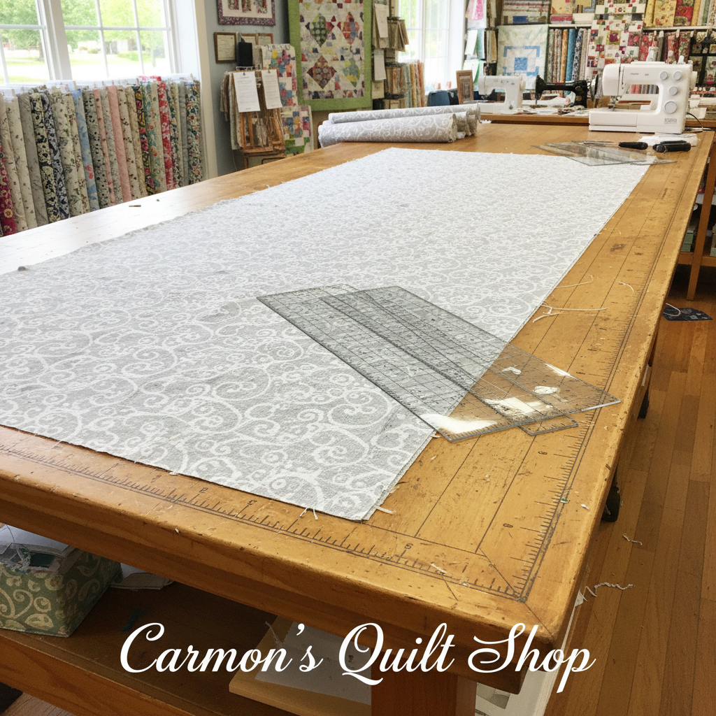 Carmon's Quilt Shop grey Light As Air cotton fabric by Robert Kaufman spread on a large wooden cutting table