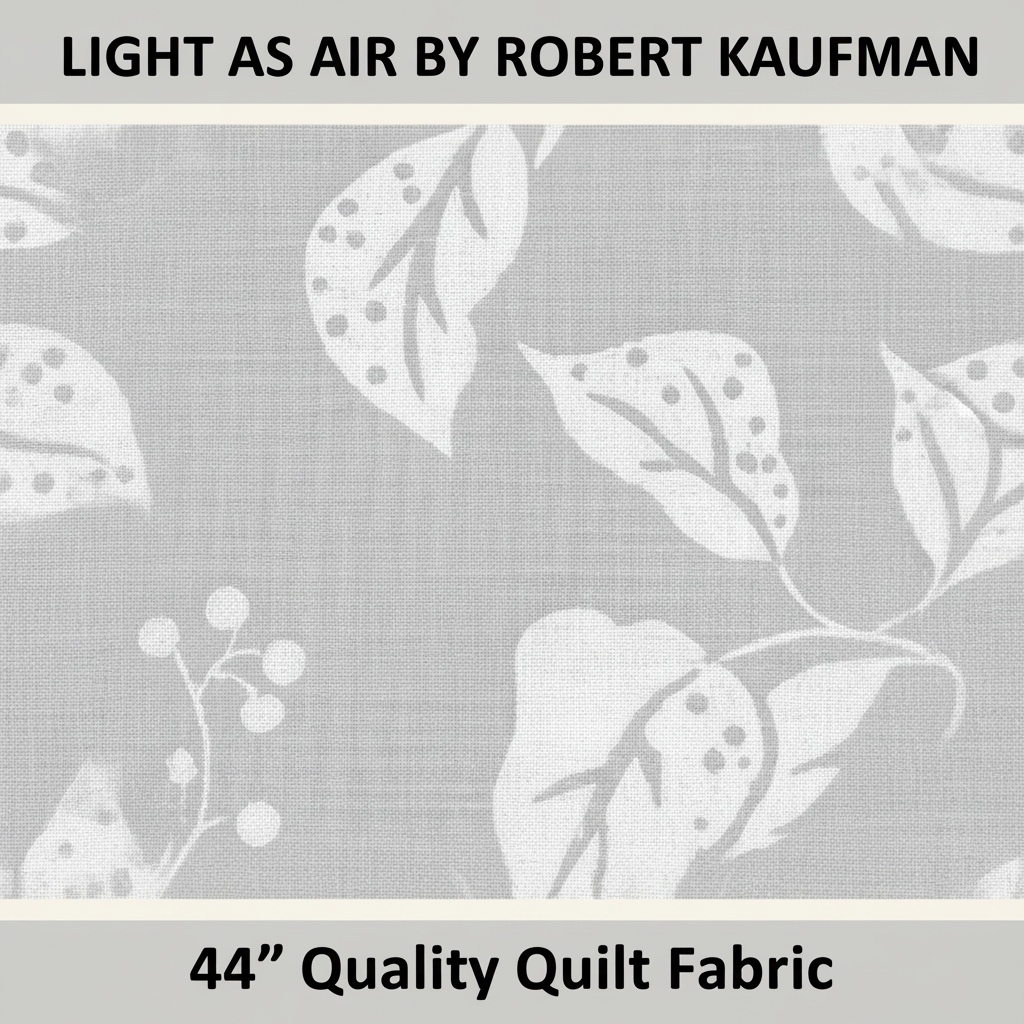 Carmon's Quilt Shop Light As Air grey cotton fabric by Robert Kaufman featuring a delicate white leaf pattern.