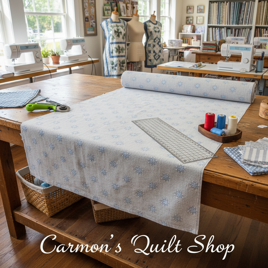 Carmon's Quilt Shop Light As Air grey cotton quilting fabric roll on a wooden table in a sewing studio