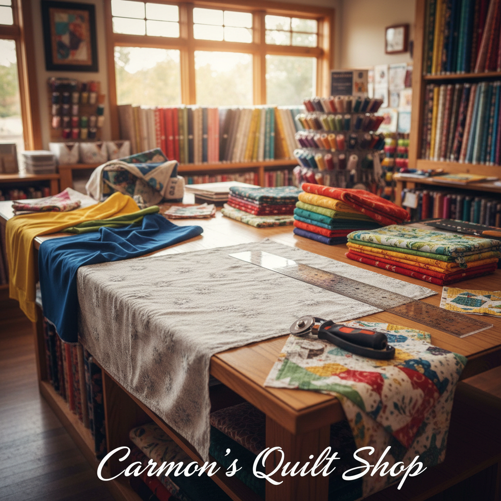 Carmon's Quilt Shop grey Light As Air cotton quilting fabric spread on a wooden cutting table with sewing tools.