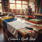 Carmon's Quilt Shop grey Light As Air cotton quilting fabric spread on a wooden cutting table with sewing tools.