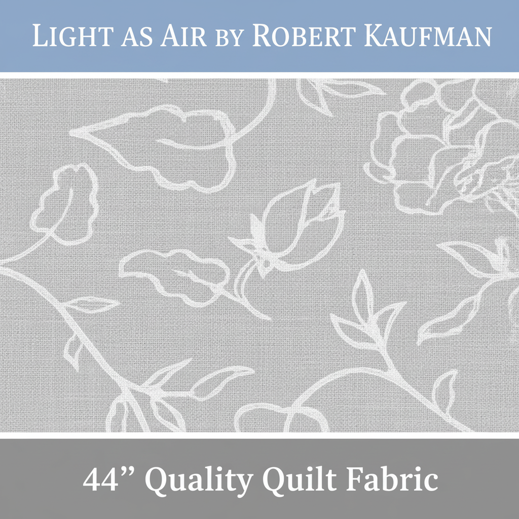 Carmon's Quilt Shop Light As Air grey 100% cotton quilting fabric with white floral line art pattern