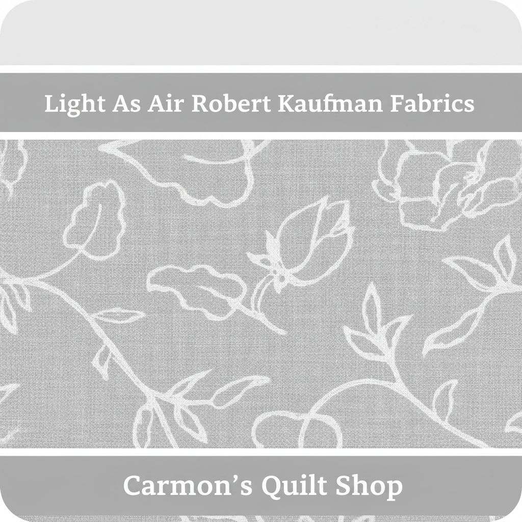 Carmon's Quilt Shop Light As Air grey 100% cotton quilting fabric with white floral line art pattern