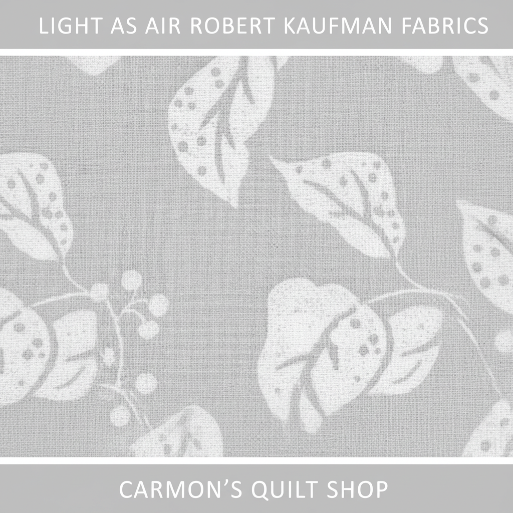 Carmon's Quilt Shop Light As Air grey and white 100% cotton quilting fabric with leaf and berry pattern