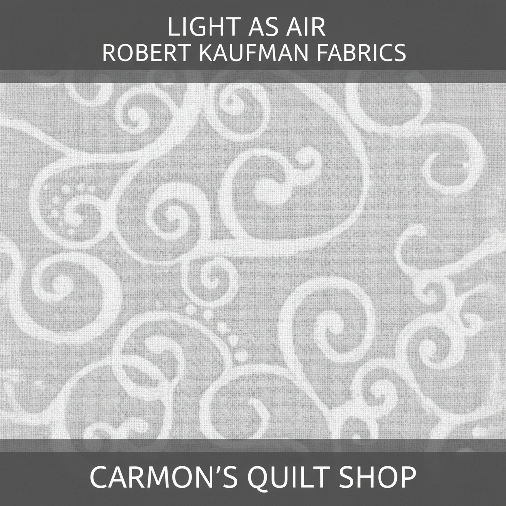 Carmon's Quilt Shop Robert Kaufman Light As Air grey 100% cotton quilting fabric with elegant white swirl pattern