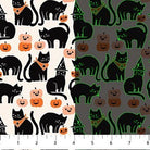 Carmon's Quilt Shop FIGO Fabrics Sweet Treat cotton print featuring black cats and pumpkins on cream and gray fabric