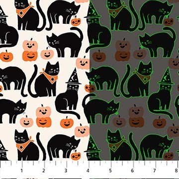 Carmon's Quilt Shop FIGO Fabrics Sweet Treat cotton print featuring black cats and pumpkins on cream and gray fabric