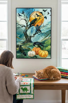 Carmon's Quilt Shop Halloween fabric panel with crows, pumpkins, and a moon. 100% cotton, 30" x 43".