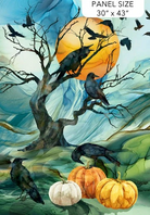Carmon's Quilt Shop Halloween crow and pumpkin cotton fabric panel with blue, green, and orange moon background.