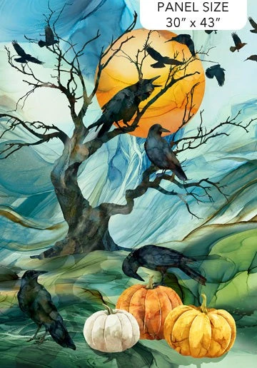 Carmon's Quilt Shop Halloween crow and pumpkin cotton fabric panel with blue, green, and orange moon background.