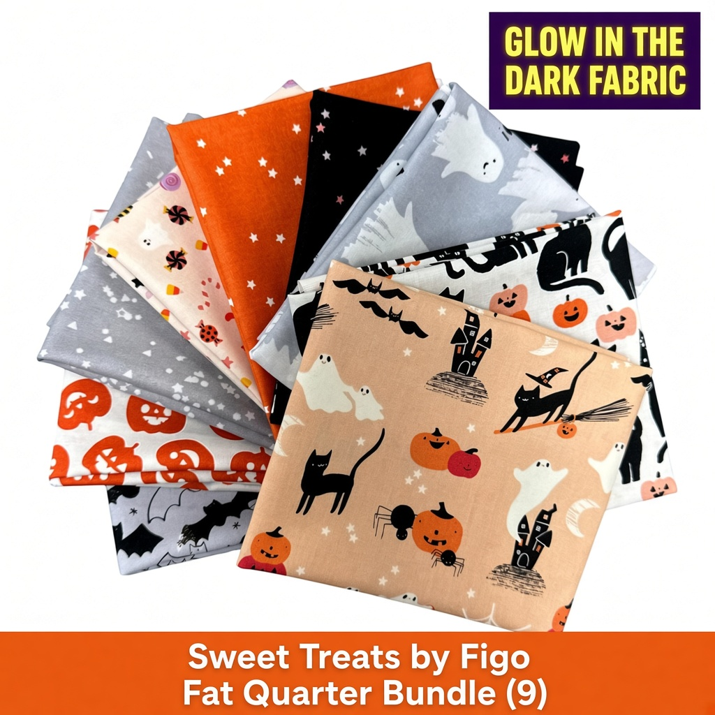 Carmon's Quilt Shop FIGO Fabrics Sweet Treat fat quarter bundle featuring glow-in-the-dark Halloween cotton prints.