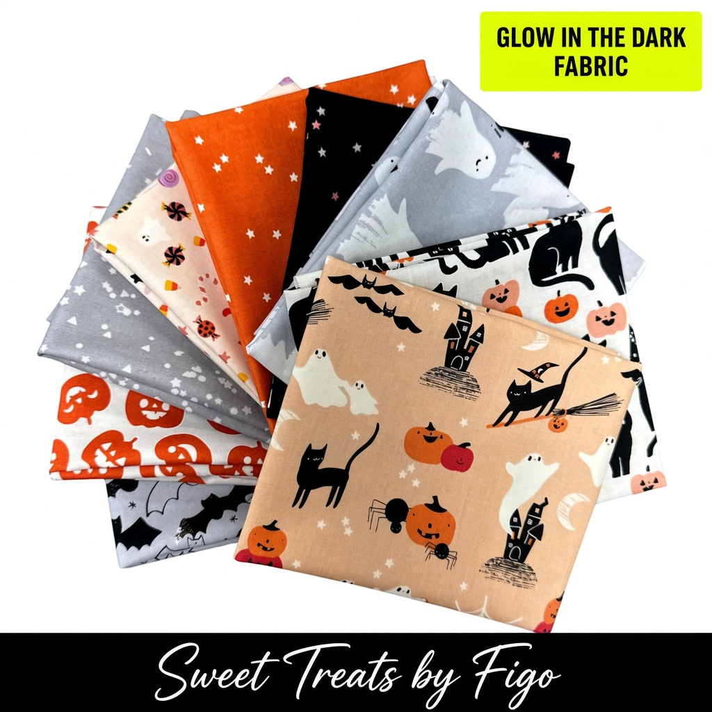 Carmon's Quilt Shop FIGO Fabrics Sweet Treat fat quarter bundle featuring glow in the dark Halloween cotton prints.