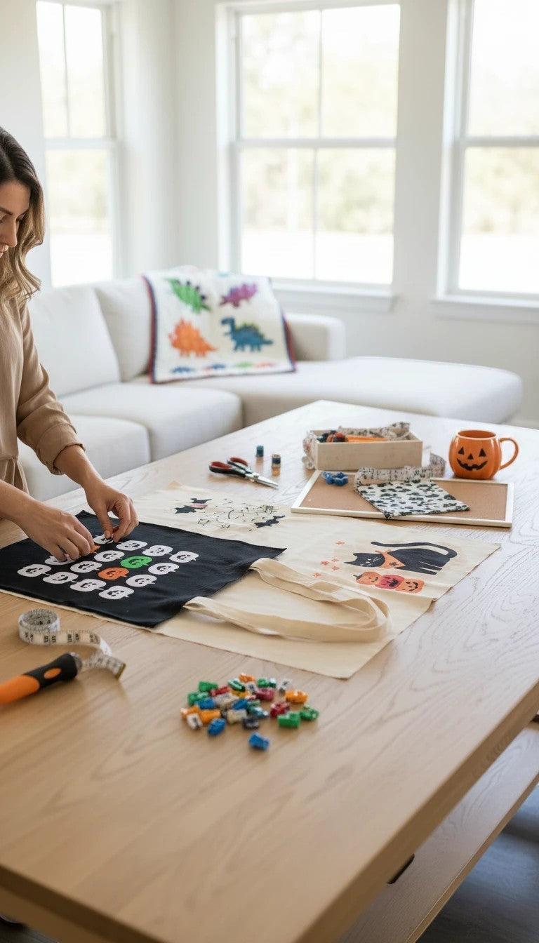 Carmon's Quilt Shop black cotton Halloween tote bag panel with glow-in-the-dark pumpkins, cats, and ghosts.