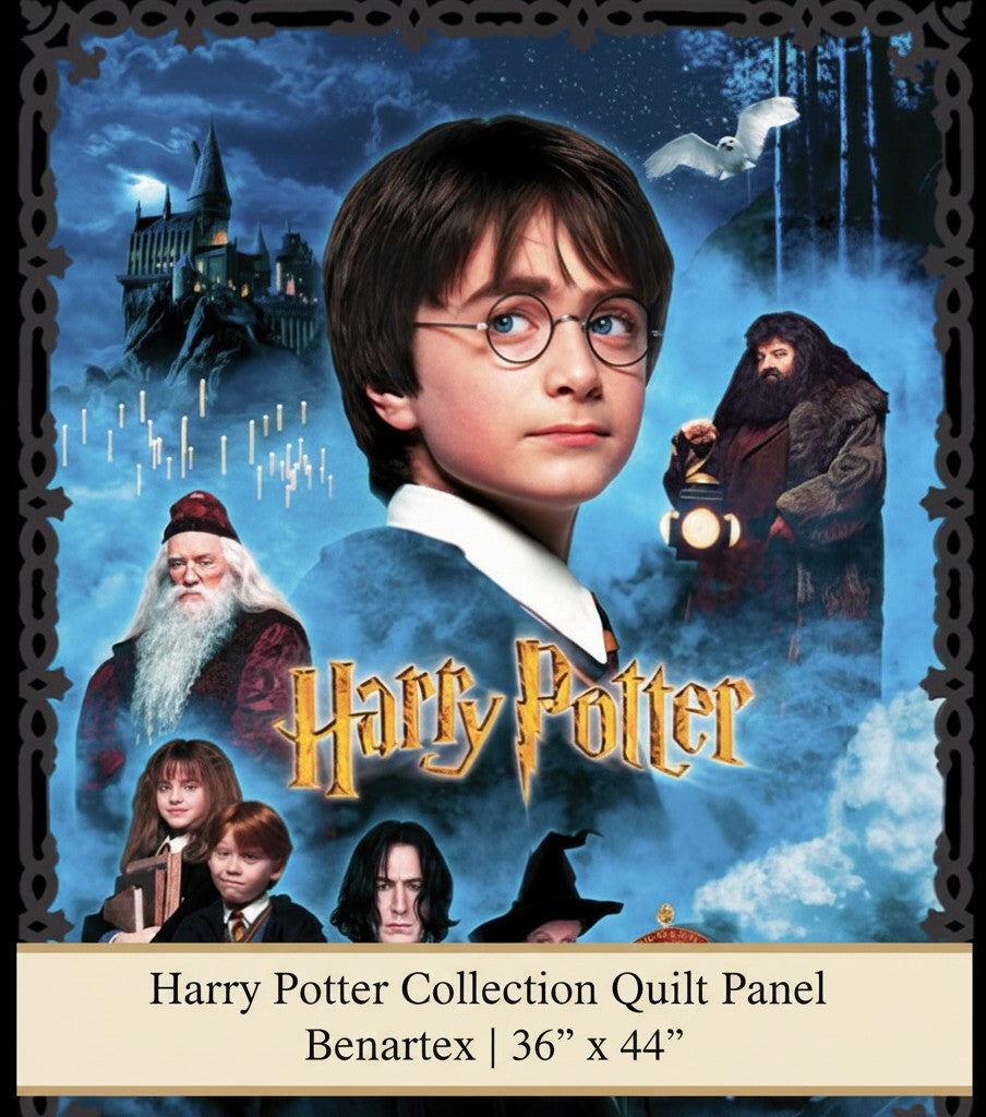 Carmon's Quilt Shop Harry Potter cotton quilt panel featuring iconic movie characters and Hogwarts castle in blue tones.
