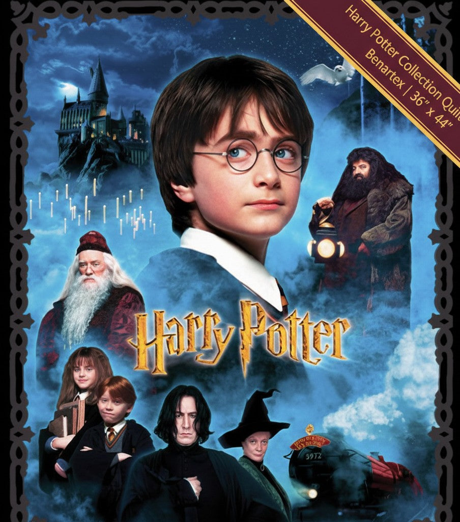 Carmon's Quilt Shop Harry Potter cotton quilt panel featuring iconic characters and Hogwarts castle on a blue background