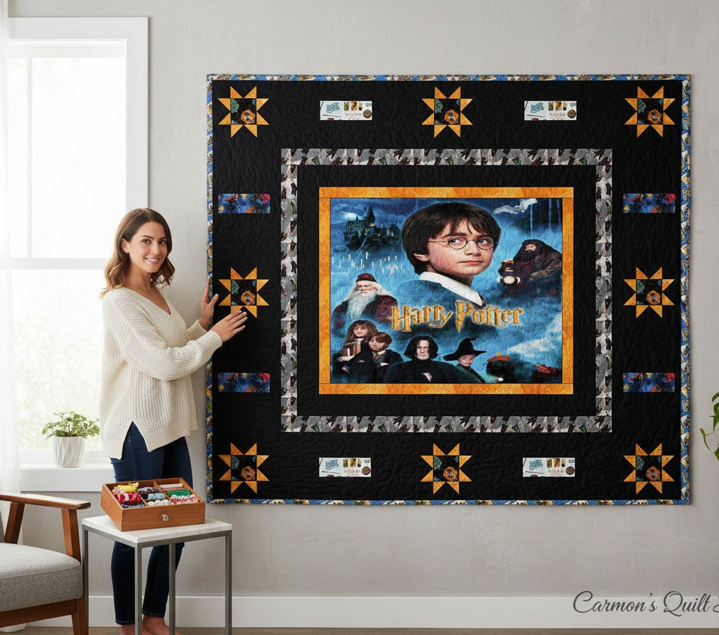 Carmon's Quilt Shop Harry Potter themed quilt pattern featuring characters and Hogwarts castle. Finished size 87.5" x 79.5".