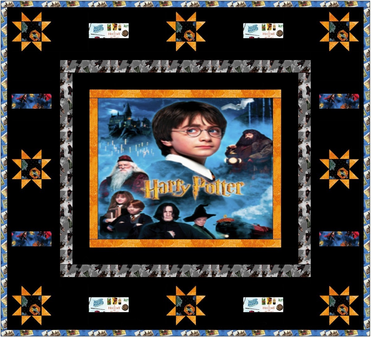 Carmon's Quilt Shop Harry Potter themed quilt pattern featuring characters and Hogwarts castle. Finished size 87.5" x 79.5".