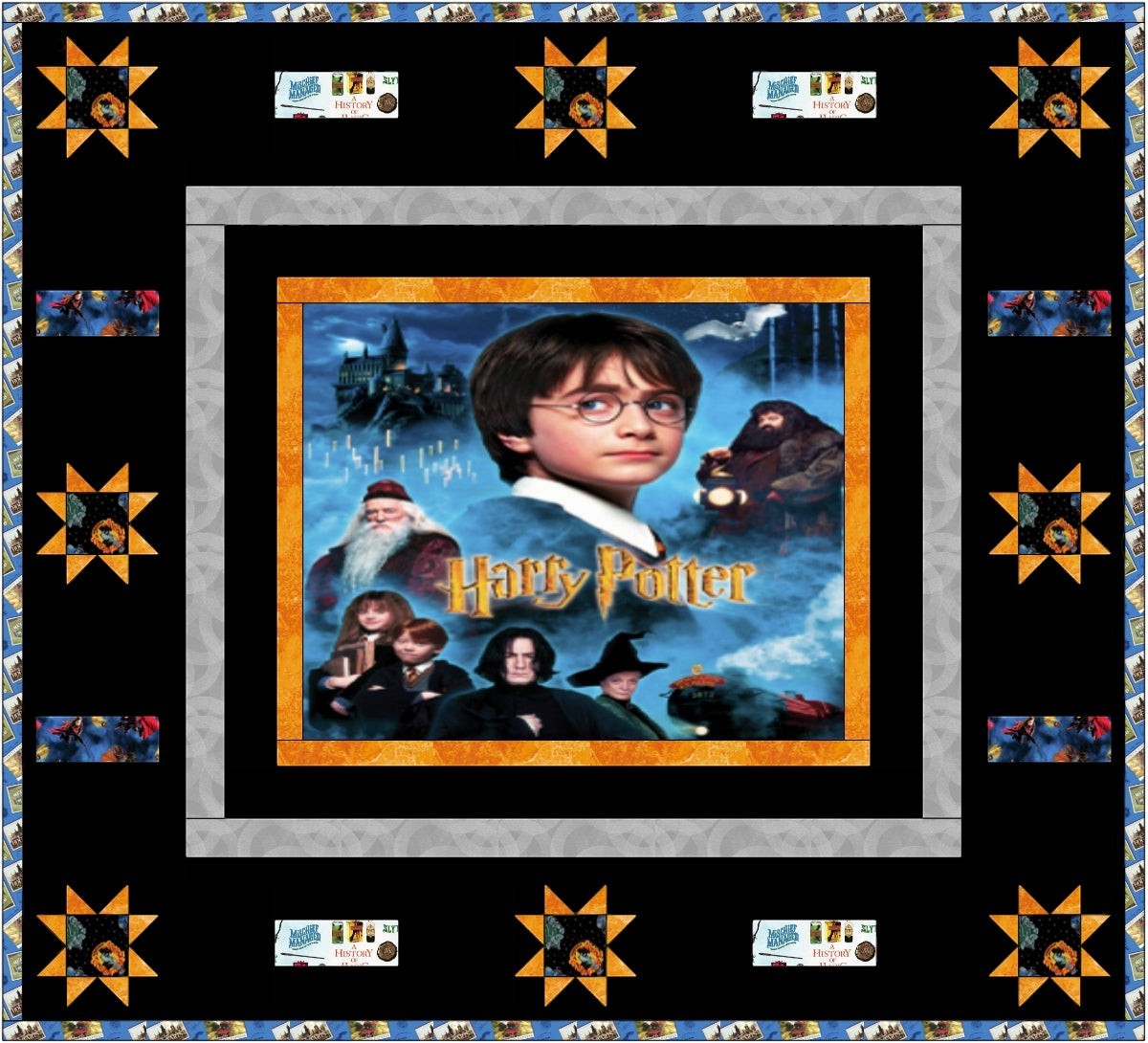 Carmon's Quilt Shop Harry Potter themed quilt pattern featuring Harry, Dumbledore, Snape, Hagrid, and Ron. Finished size 87.5" x 79.5".