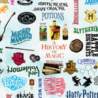 Carmon's Quilt Shop Harry Potter fabric featuring magical words, potions, and house crests on a sky blue background.