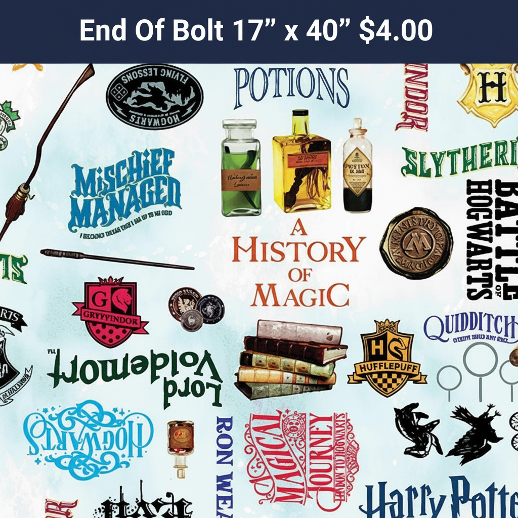 Carmon's Quilt Shop Harry Potter Words fabric in sky blue featuring magical icons, potions, and house crests