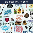 Carmon's Quilt Shop Harry Potter Words fabric in sky blue featuring magical icons, potions, and house crests