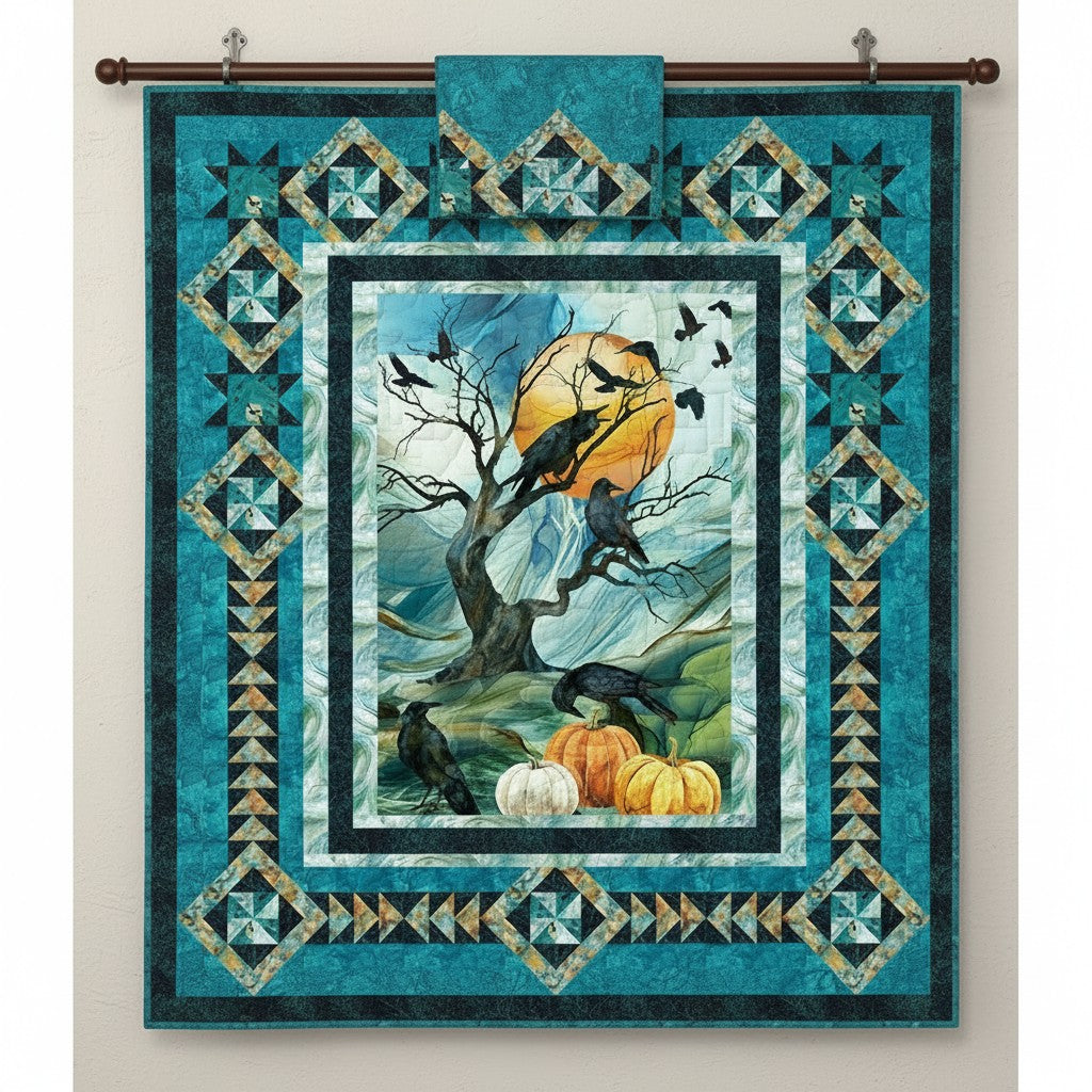 Carmon's Quilt Shop Harvest Moon Quilt Kit featuring crows, pumpkins, and a full moon. 100% cotton.