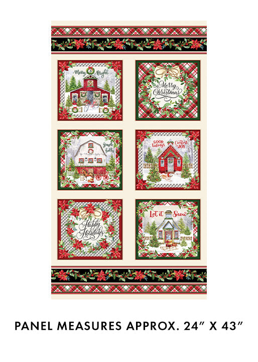 Carmon's Quilt Shop Heartland Holiday multi-colored Christmas quilt panel featuring festive village scenes