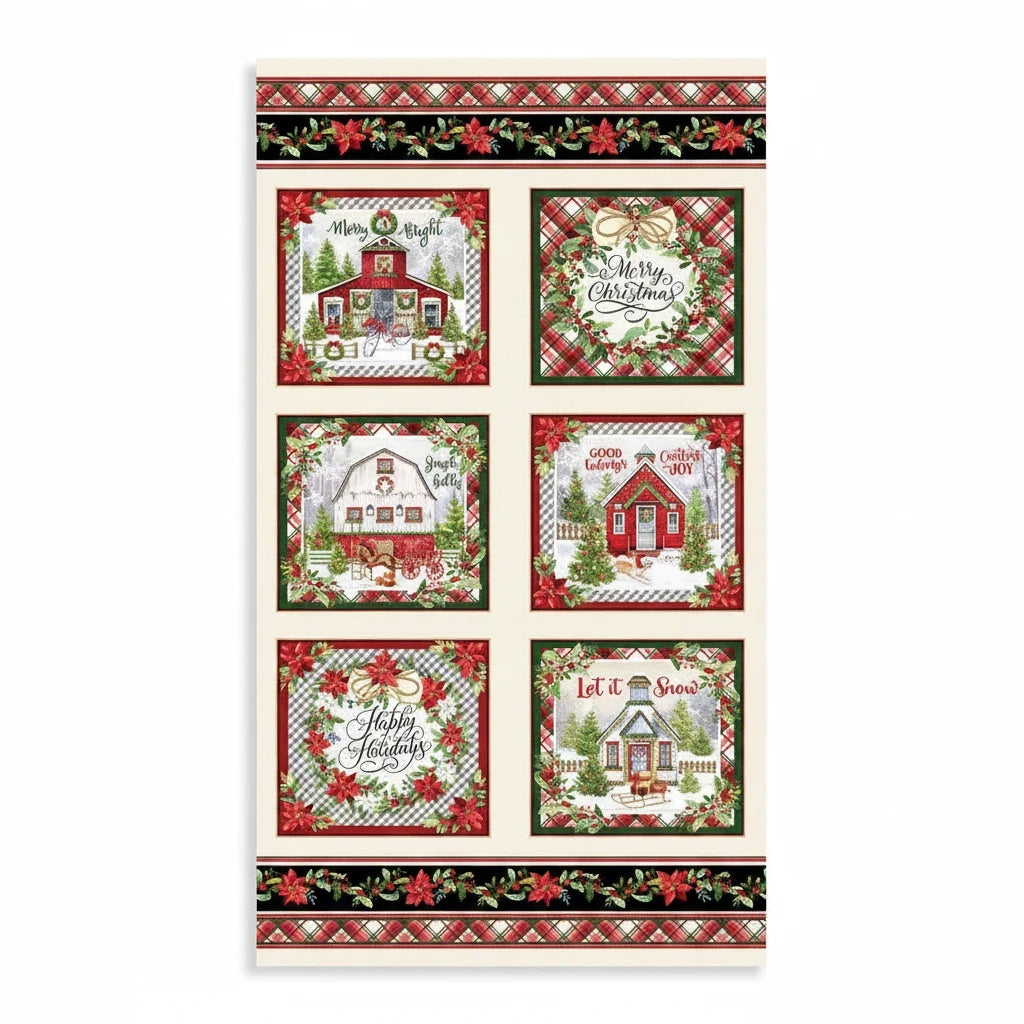 Carmon's Quilt Shop Heartland Holiday multi-colored Christmas quilt panel featuring festive village scenes