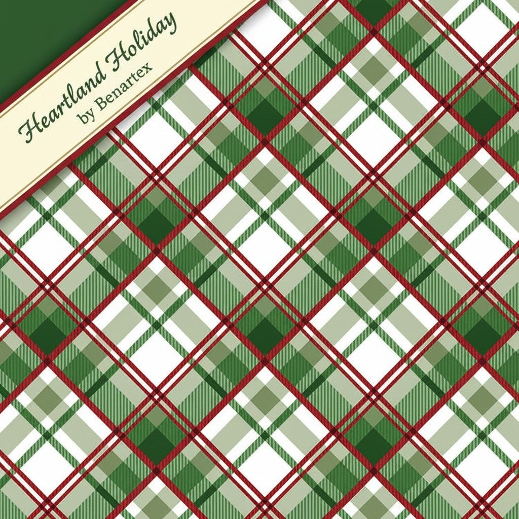 Carmon's Quilt Shop Heartland Holiday green plaid quilting cotton fabric with white and red accent lines