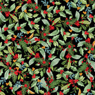 Carmon's Quilt Shop Heartland Holiday quilting cotton fabric featuring a festive botanical leaves and berries print.