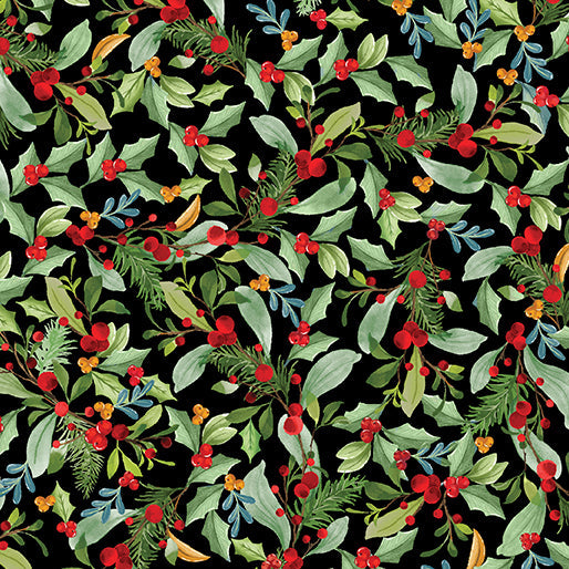 Carmon's Quilt Shop Heartland Holiday quilting cotton fabric featuring a festive botanical leaves and berries print.