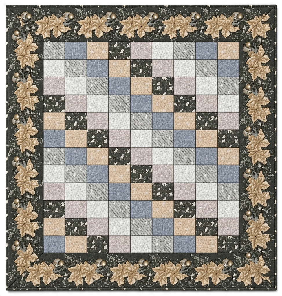 Carmon's Quilt Shop Holiday Flourish quilt kit featuring a patchwork center with a floral border in festive colors.