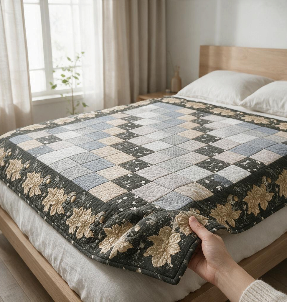 Carmon's Quilt Shop Holiday Flourish quilt featuring a patchwork center and floral border on a bed