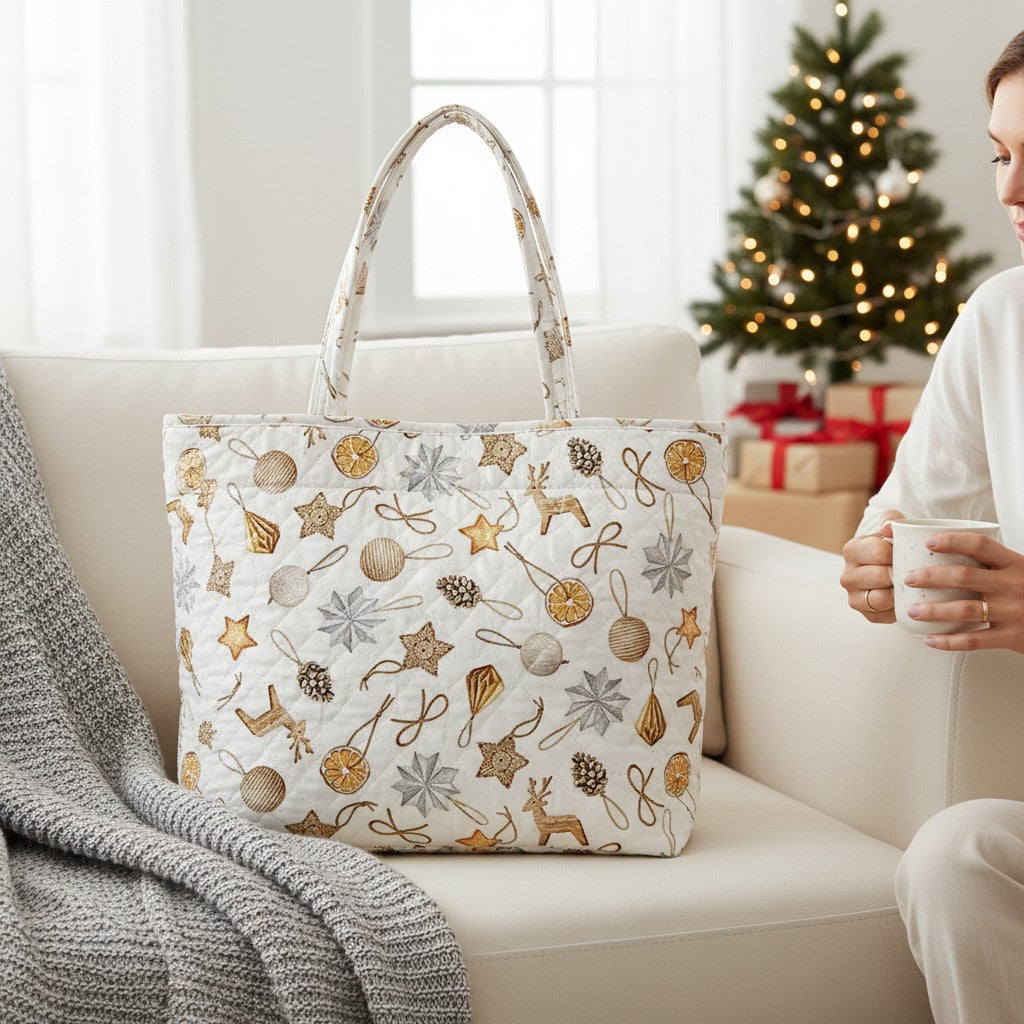 Carmon's Quilt Shop tote bag made from Snowbound white cotton fabric featuring festive holiday ornament patterns.