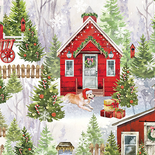 Carmon's Quilt Shop holiday village multi cotton fabric featuring a red house, Christmas trees, and a dog in a hat.