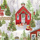 Carmon's Quilt Shop holiday village multi cotton fabric featuring a red house, Christmas trees, and a dog in a hat.