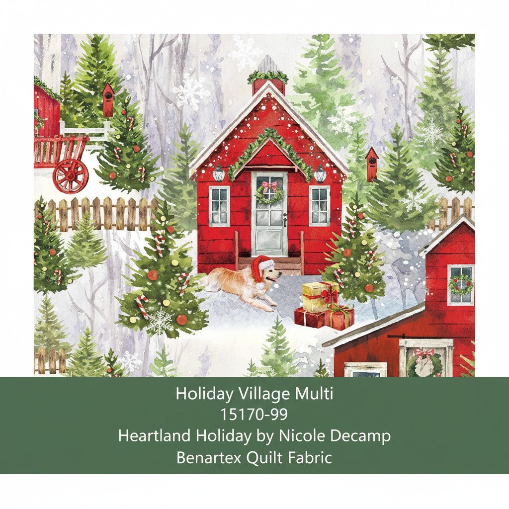Carmon's Quilt Shop holiday village cotton fabric featuring a red cabin, snowy trees, and a dog in a Christmas scene