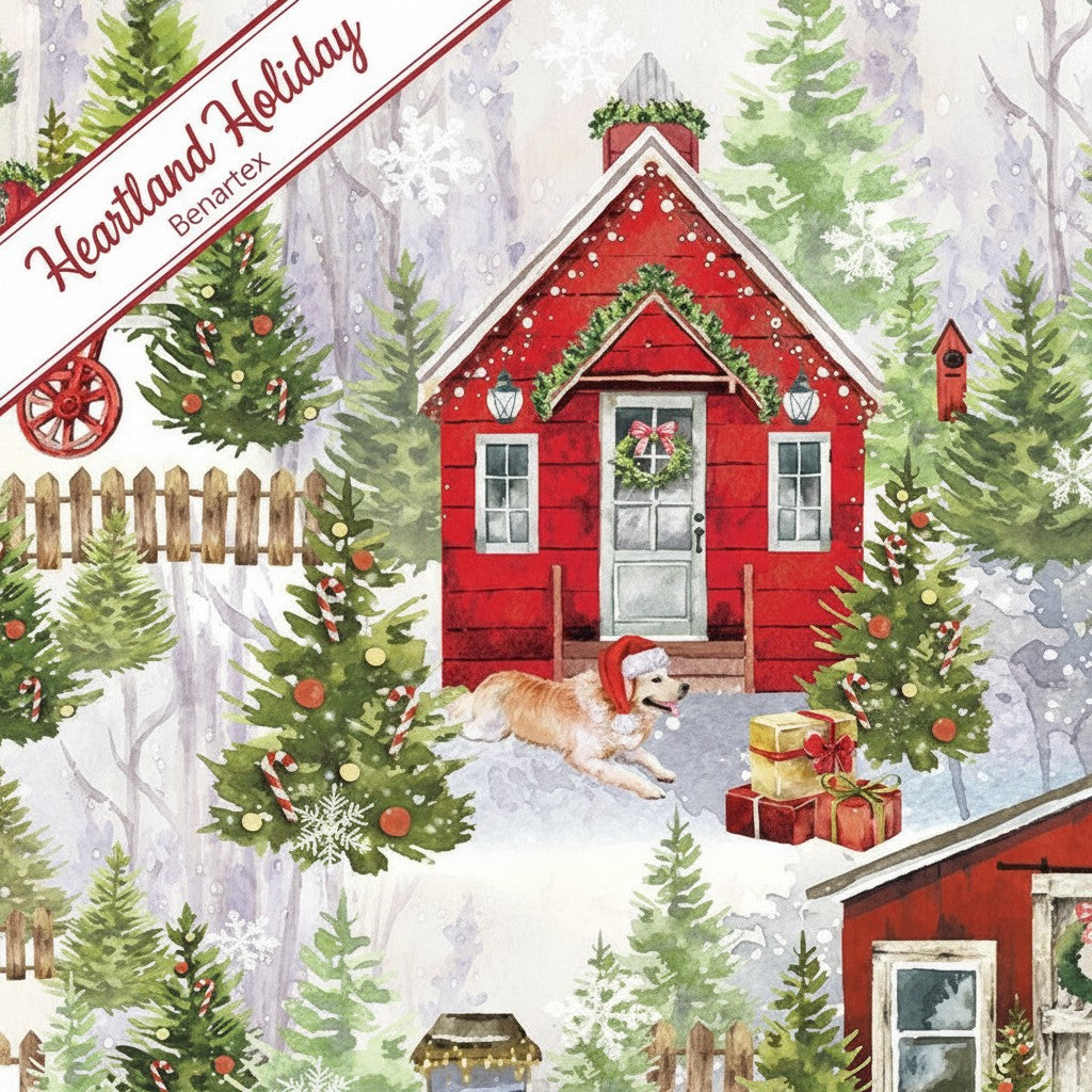 Carmon's Quilt Shop Heartland Holiday fabric featuring a festive Christmas village scene with a dog in a Santa hat